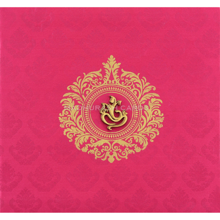 Red color round shaped “Ganesha” theme wedding card - D-9139